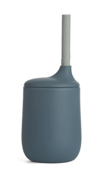 Recipiente cinzento azulado com tampa e tubo cinzento claro com gravação LIEWOOD