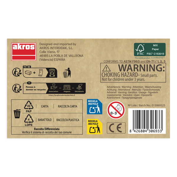 Etiqueta de embalagem AKROS com texto de advertência e símbolos de reciclagem