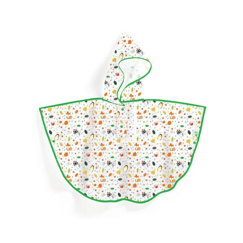 Capa de chuva infantil branca com padrão colorido e borda verde