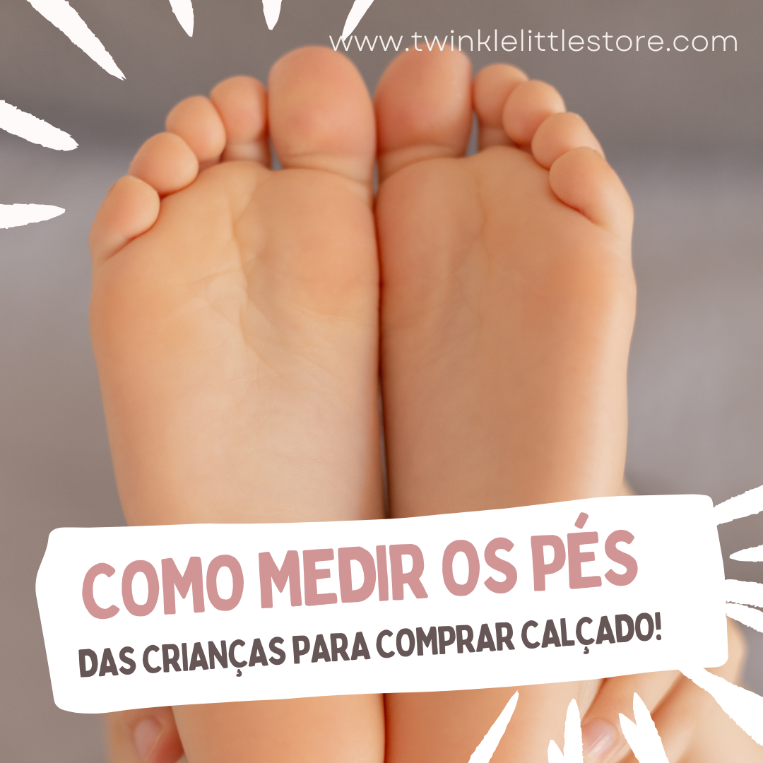 Pés de criança vistos de perto com texto informativo para medir pés para calçado infantil.