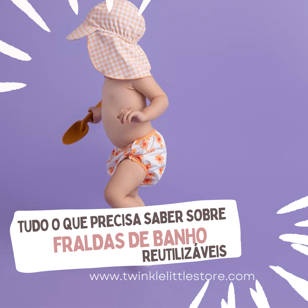 Bébé com fralda de banho reutilizável floral e chapéu xadrez, fundo roxo, texto promocional