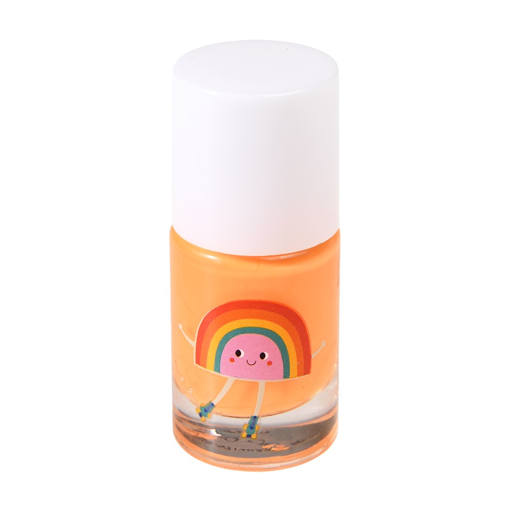 Frasco de verniz de unhas laranja com tampa branca e desenho de arco-íris