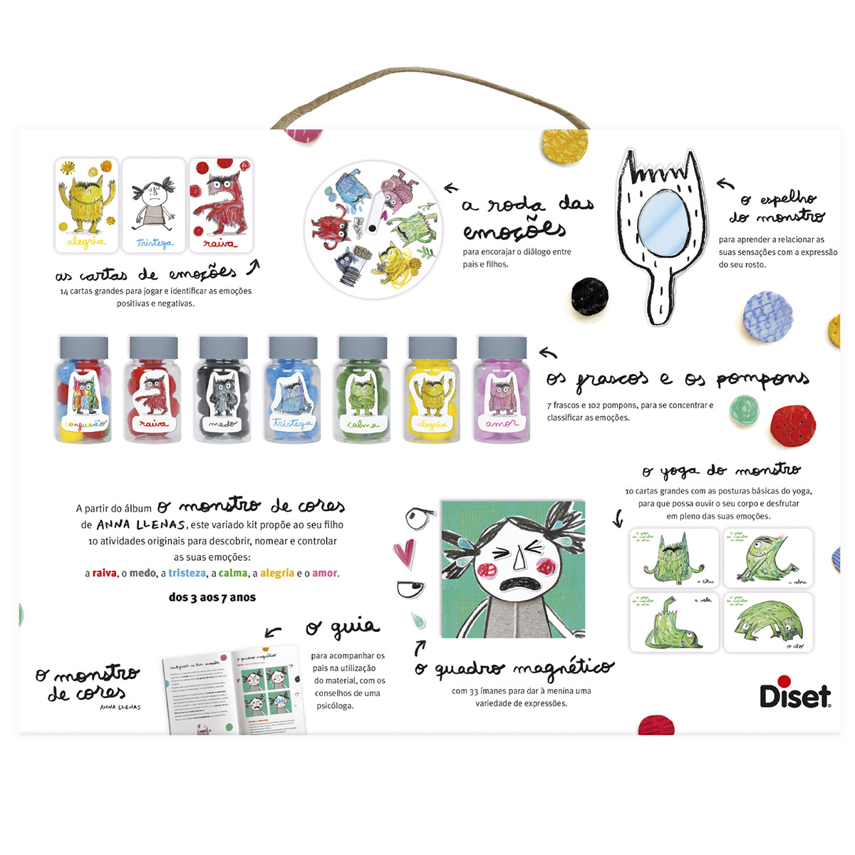 Embalagem de brinquedo educativo com monstros coloridos, potes de tinta e texto explicativo em português