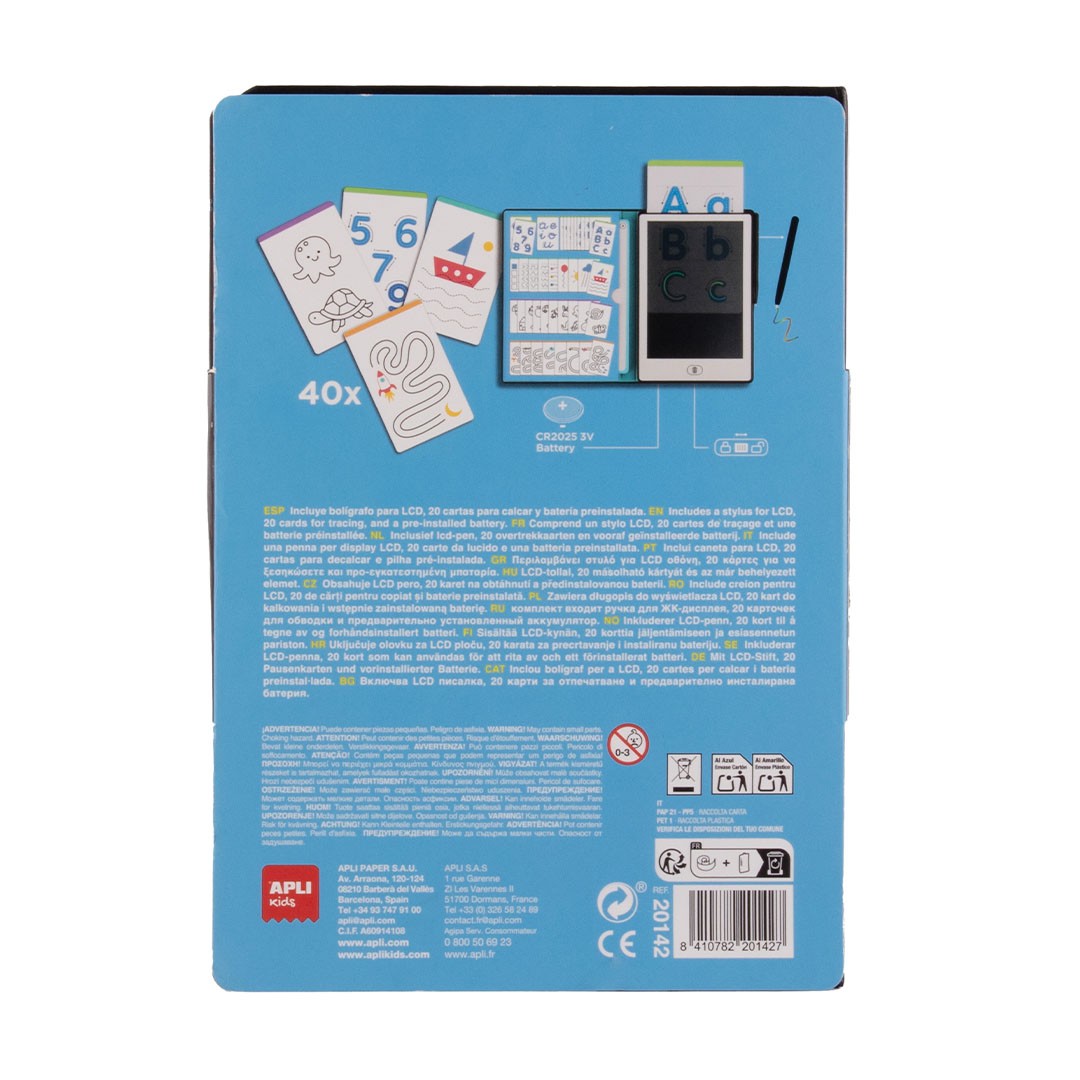 Embalagem azul de produto educativo com cartas numeradas e desenhos