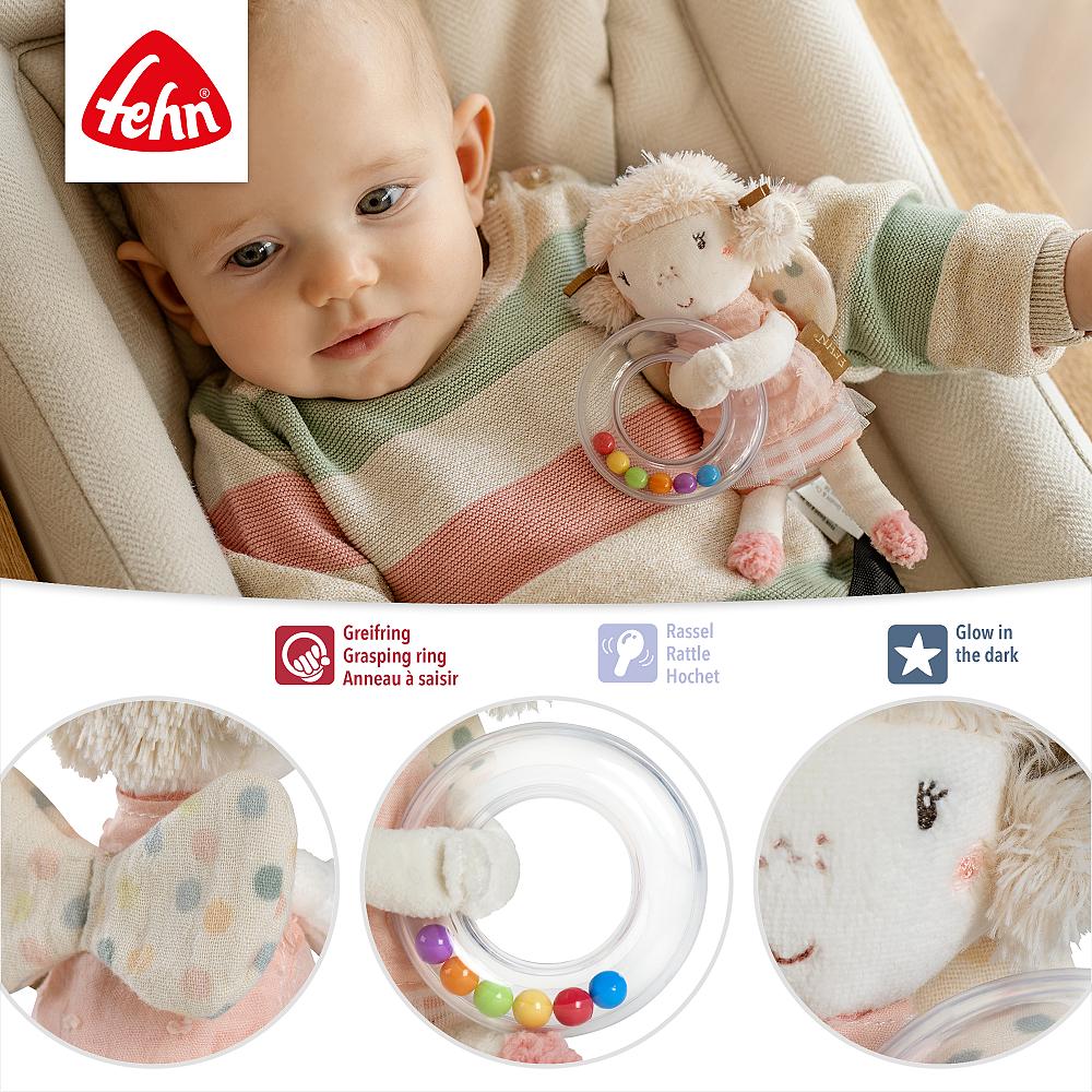 Boneca de peluche com anel de contas coloridas para bebé em assento acolchoado