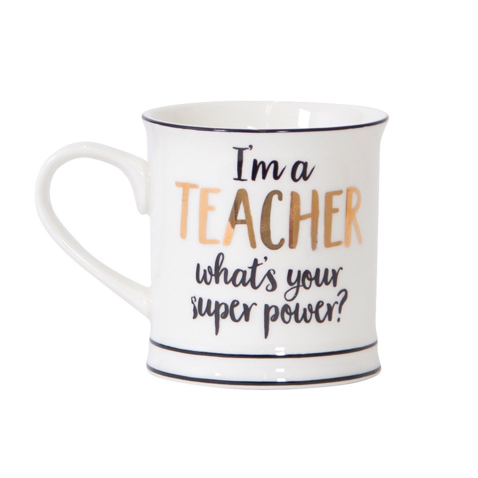 Caneca branca em cerâmica com texto 'I'm a TEACHER what's your super power?' e linhas azuis