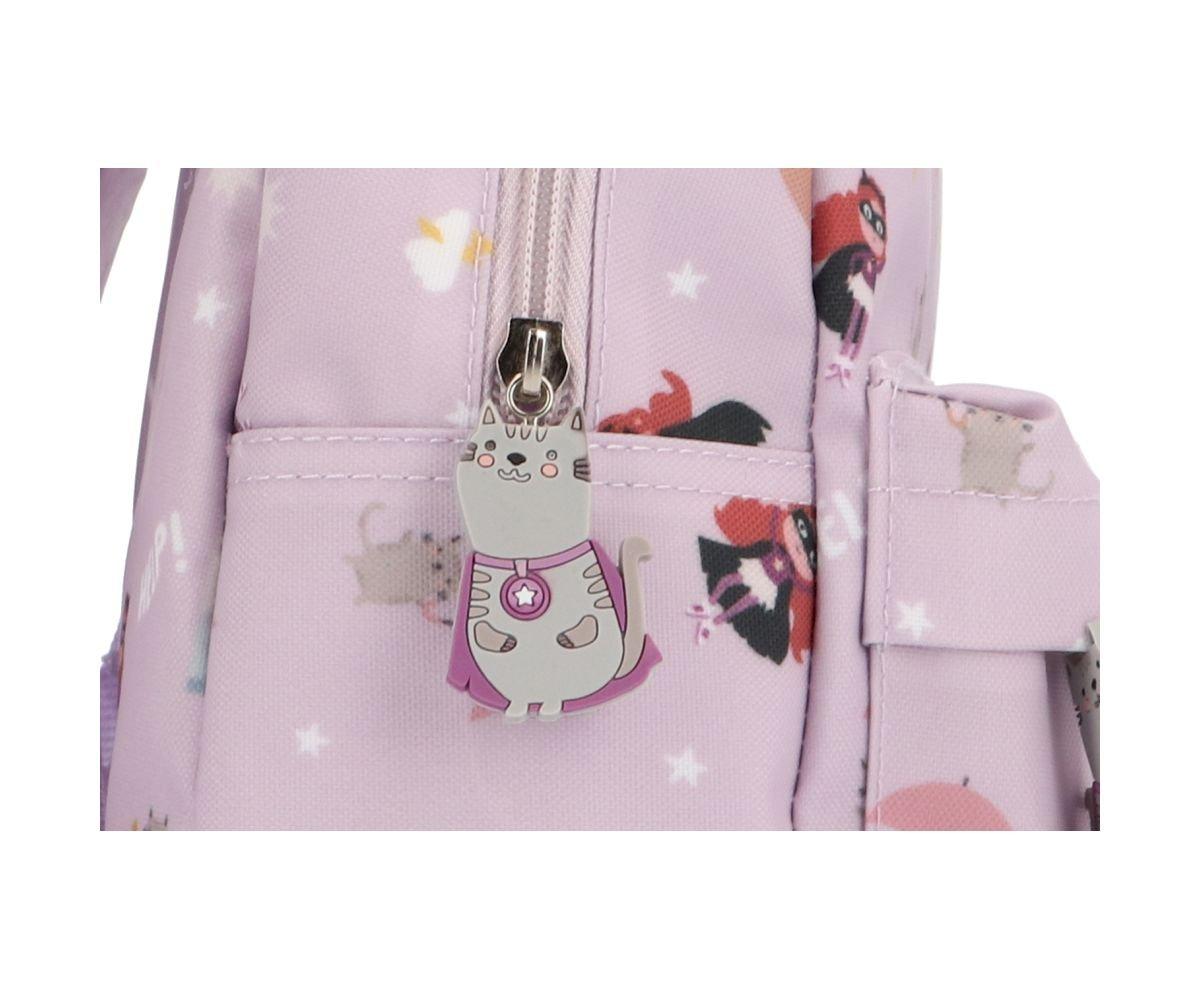 Mochila infantil lilás com padrão de gatinhos e pendente de zíper em forma de gato