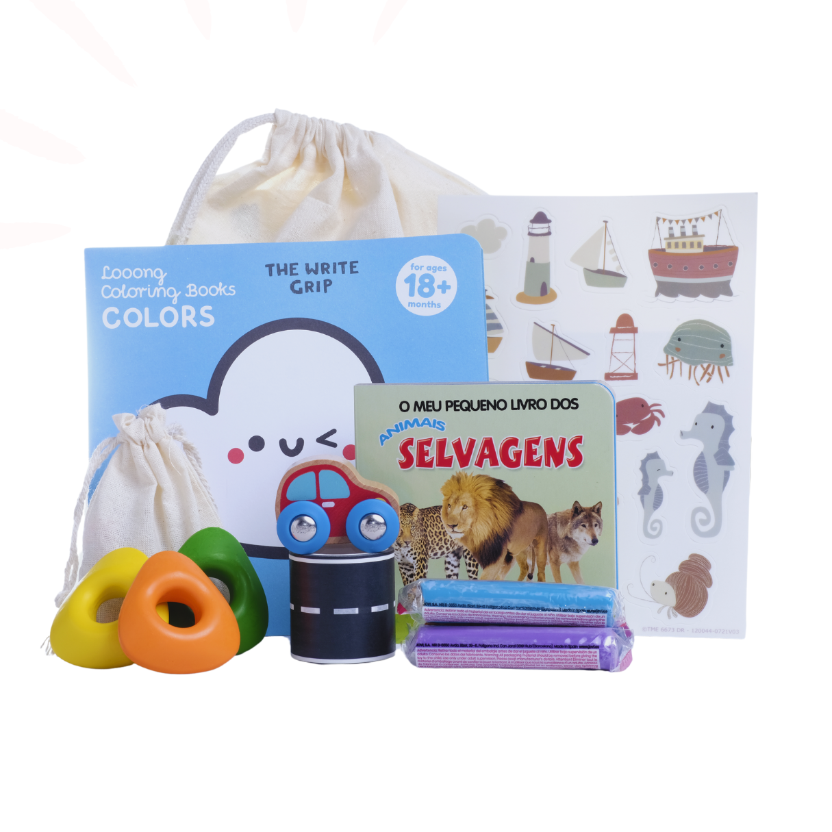 Conjunto de brinquedos coloridos e livros infantis com estojos em tecido e autocolantes