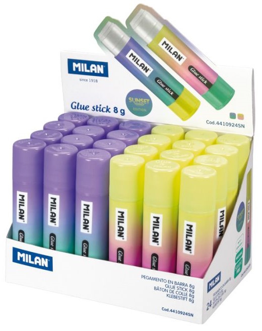 Expositor com bastões de cola MILAN com tampas violeta e amarelo