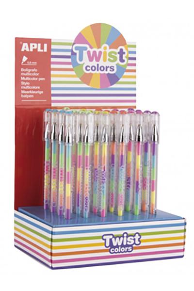 Display de canetas multicoloridas APLI Twist colors com embalagem colorida listrada