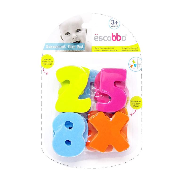 Peças de espuma colorida para banho em forma de números 2, 5, 8 e cruz, embalagem escabbo