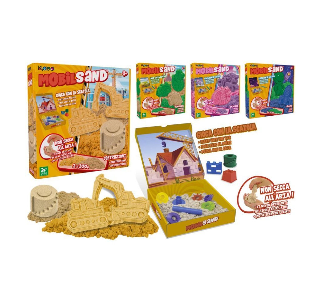 Kit de areia cinética construtor com carrinho escavador amarelo e formas em embalagem colorida