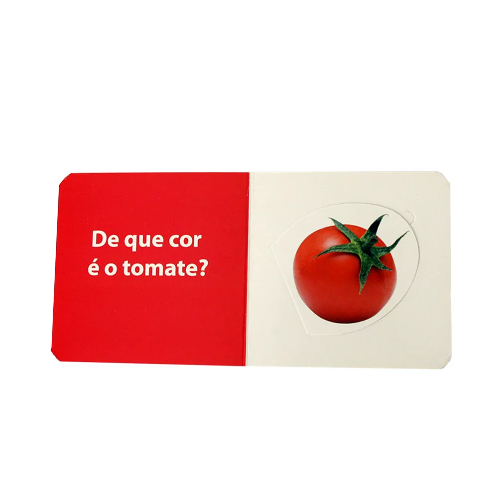 Livro infantil aberto com texto e imagem de tomate vermelho