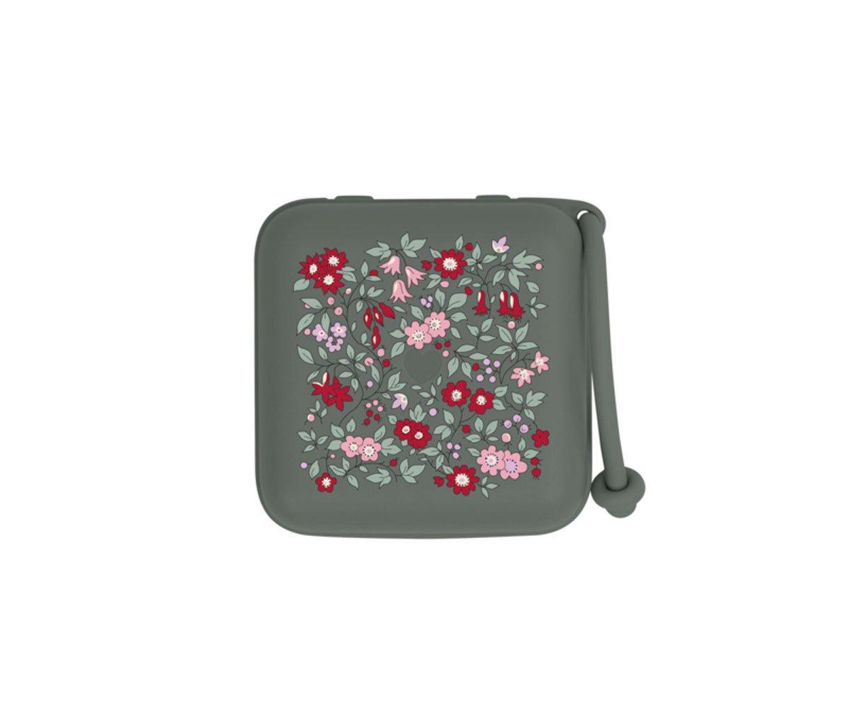 Estojo cinza quadrado com estampa floral colorida e fecho de correr