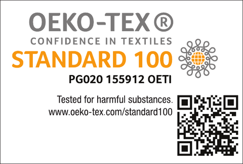 Etiqueta OEKO-TEX® com texto informativo e código QR.
