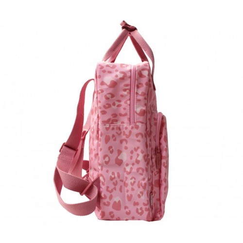 Mochila rosa com padrão de corações e manchas e alças ajustáveis