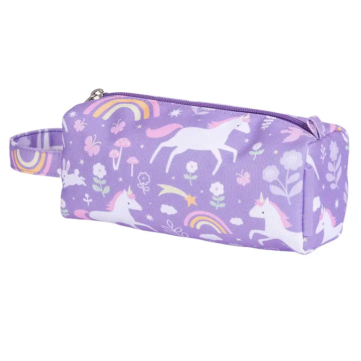 Estojo roxo com unicórnios e arco-íris