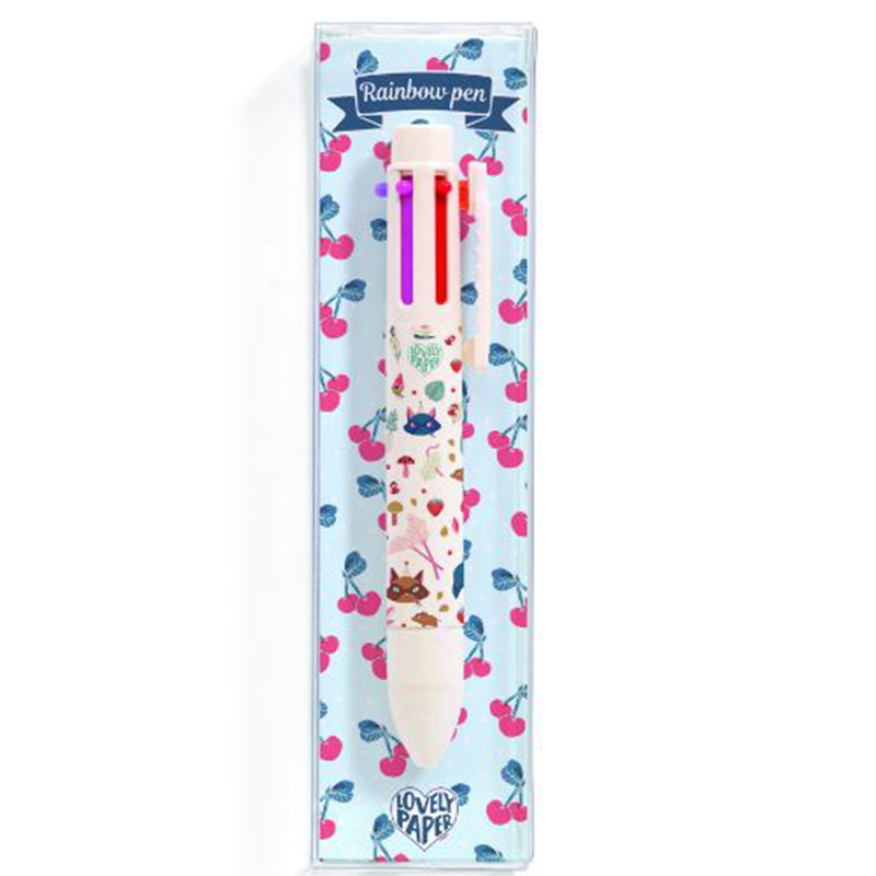 Caneta branca com várias cores e padrão colorido em embalagem transparente com cerejas
