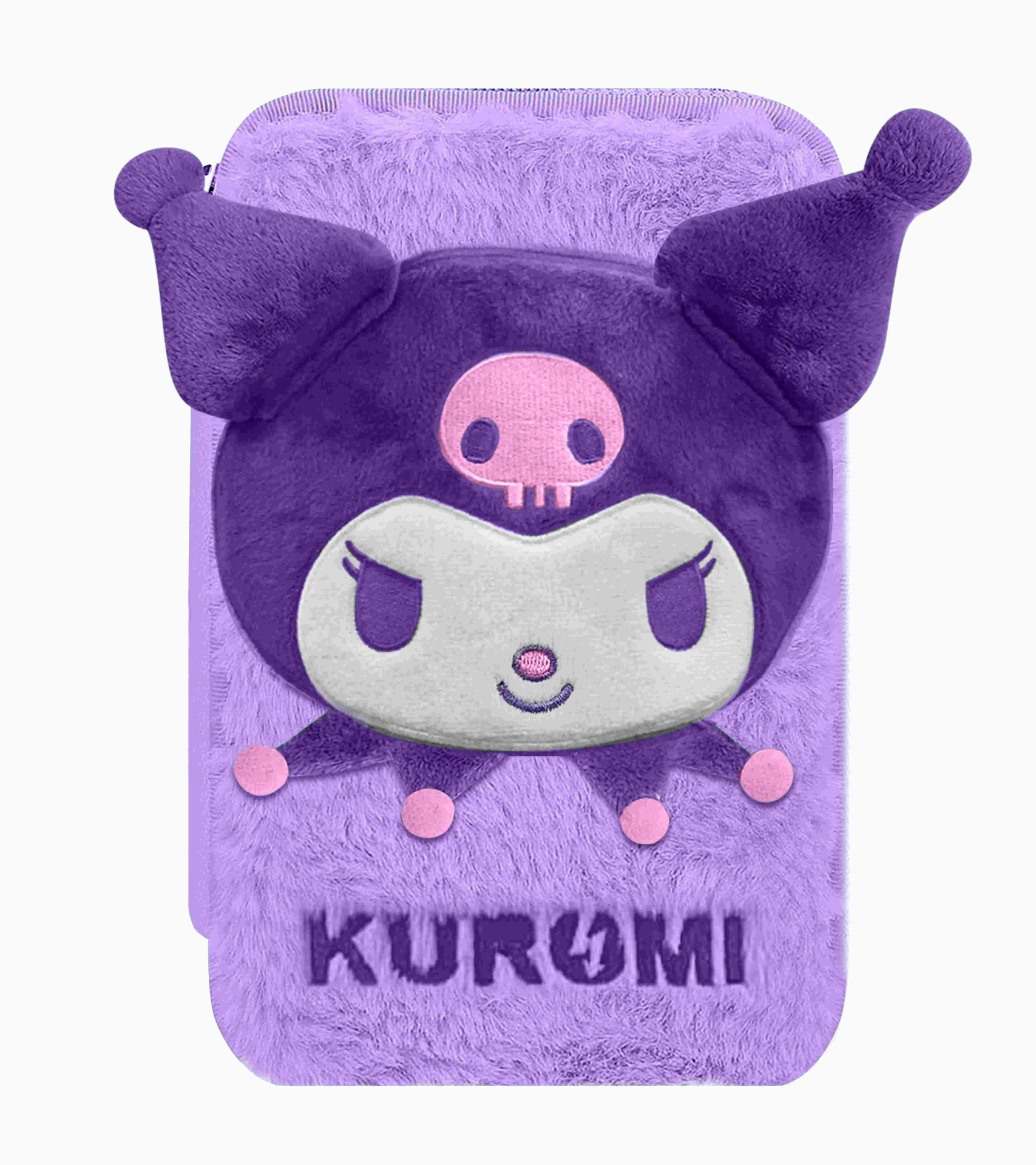 Estojo de pelúcia roxo com personagem Kuromi e texto KUROMI