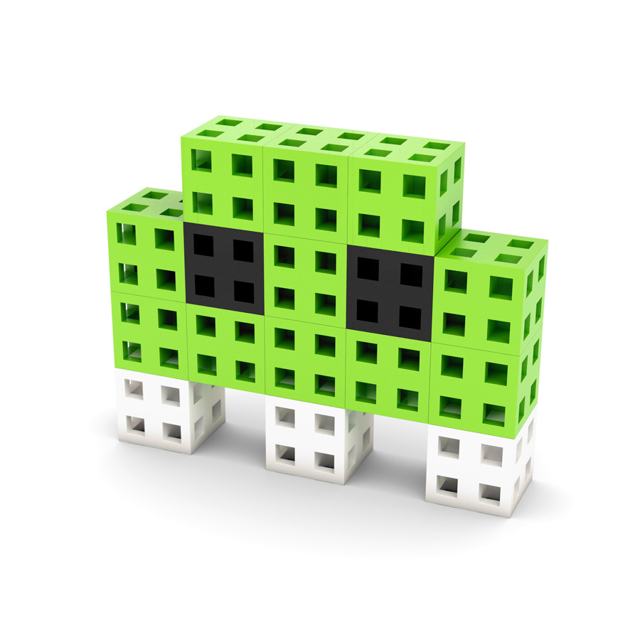 Figura pixelada tipo monstro verde com olhos pretos e pernas brancas feita de blocos quadrados