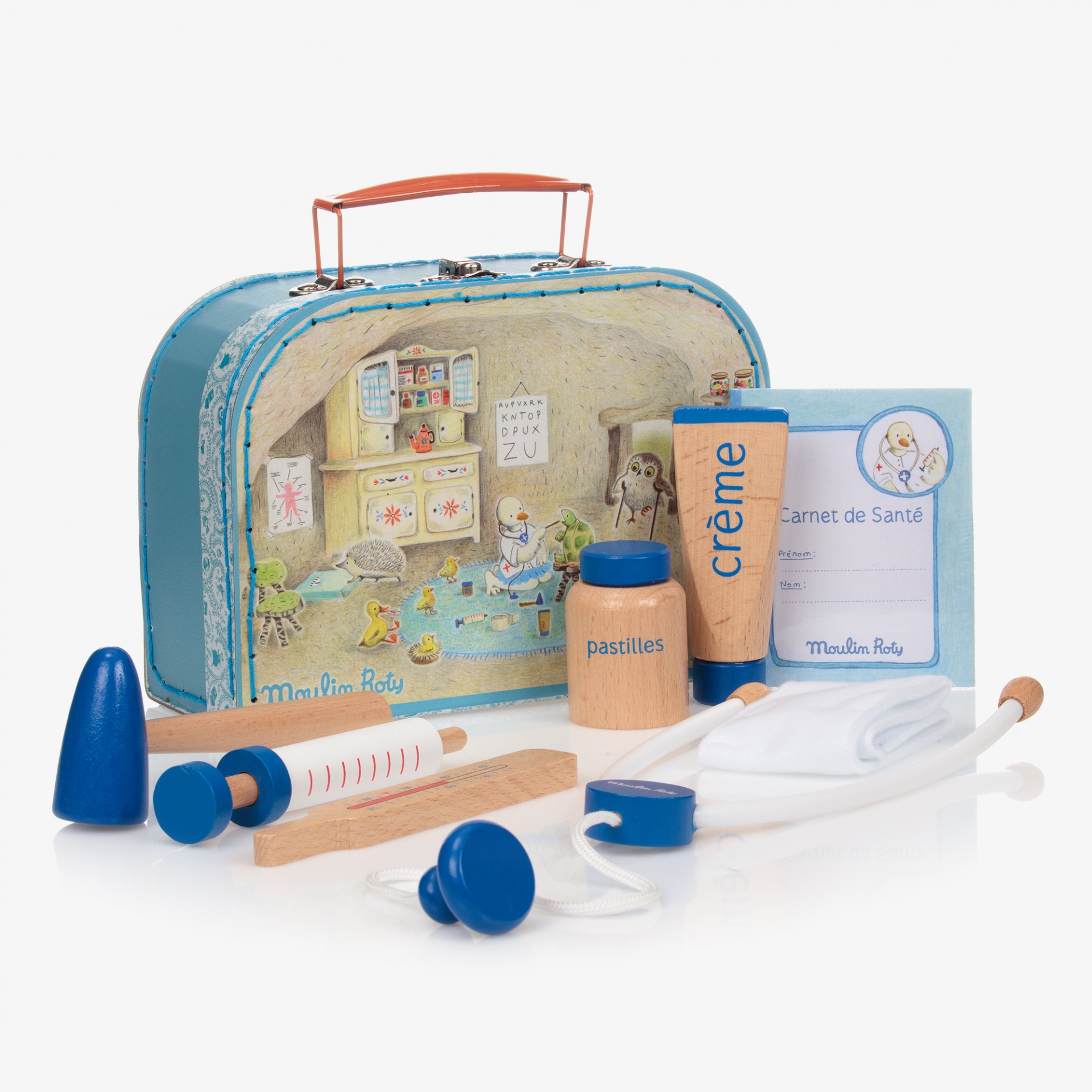 Brinquedo de médico infantil com mala azul decorada e acessórios de madeira e plástico
