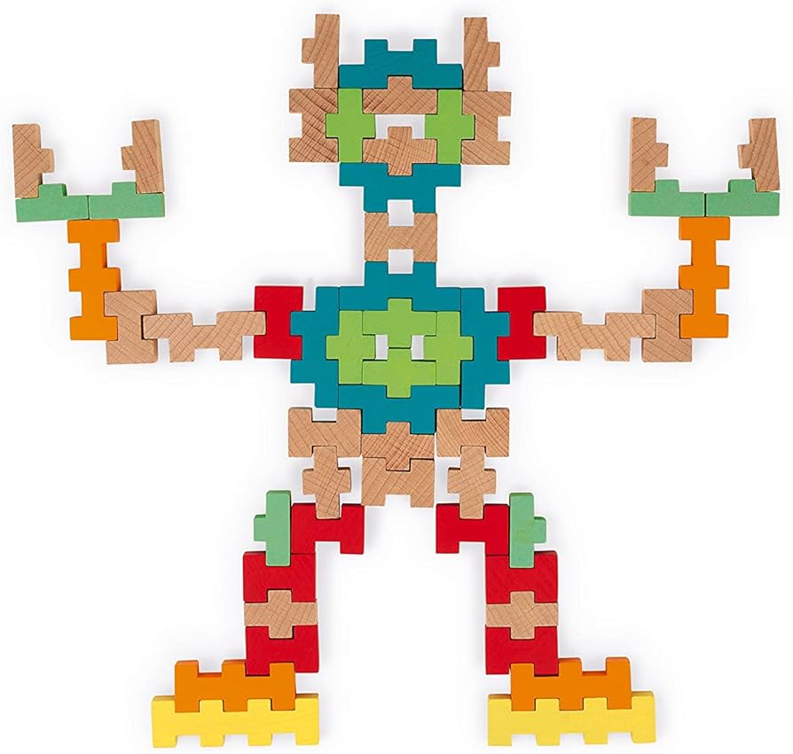 Figura de brinquedo humano construída com peças de encaixe de madeira coloridas.