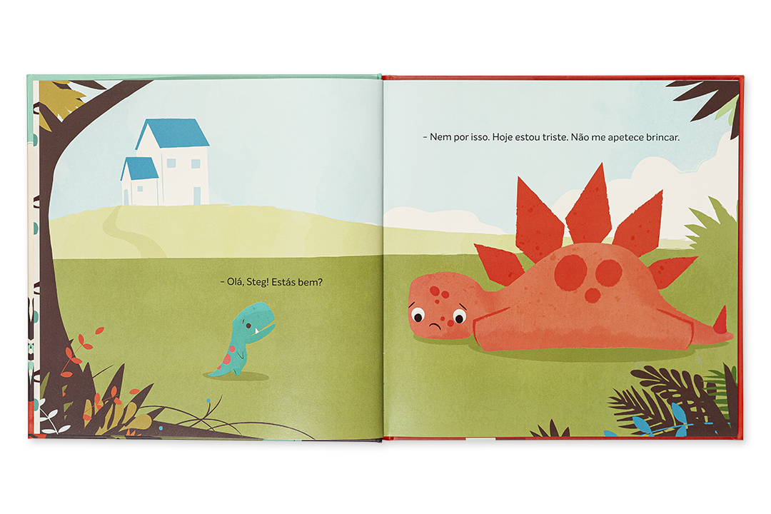 Livro infantil com ilustrações de dinossauro e serpente e texto em português