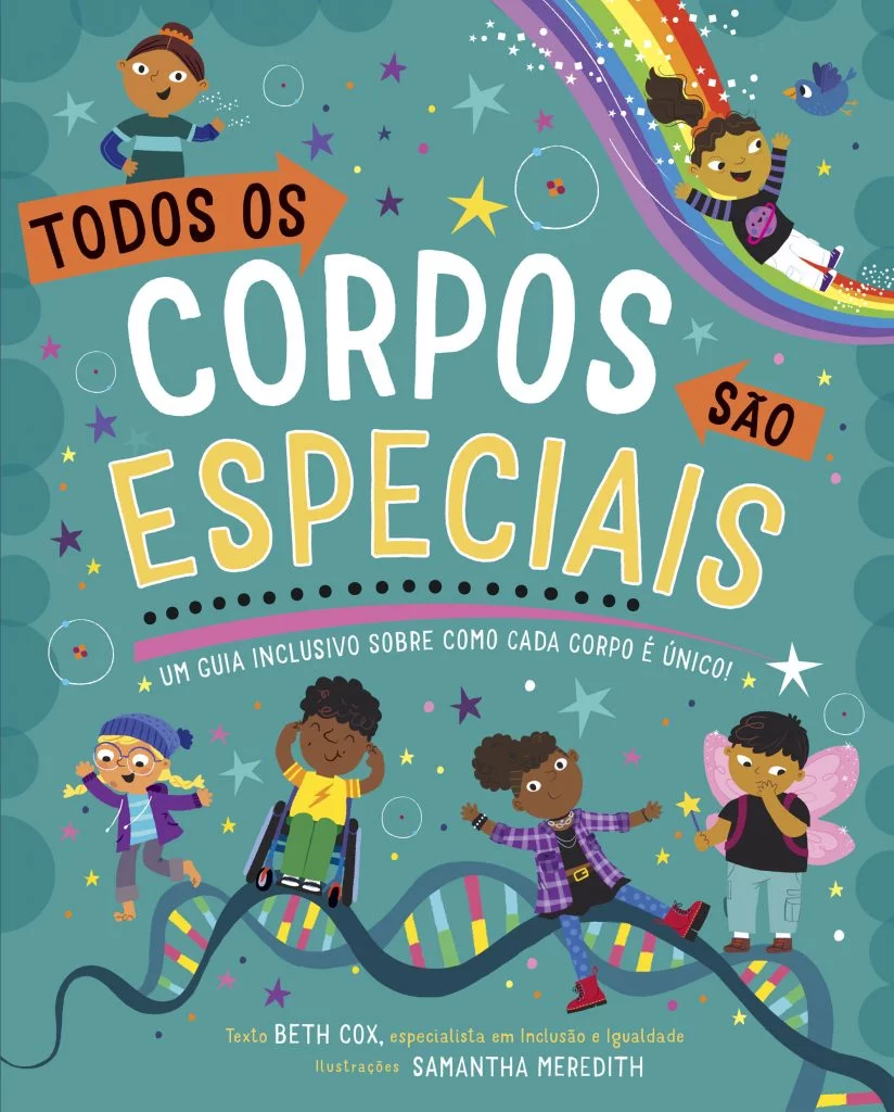 Capa de livro com crianças diversas e título sobre corpos especiais.
