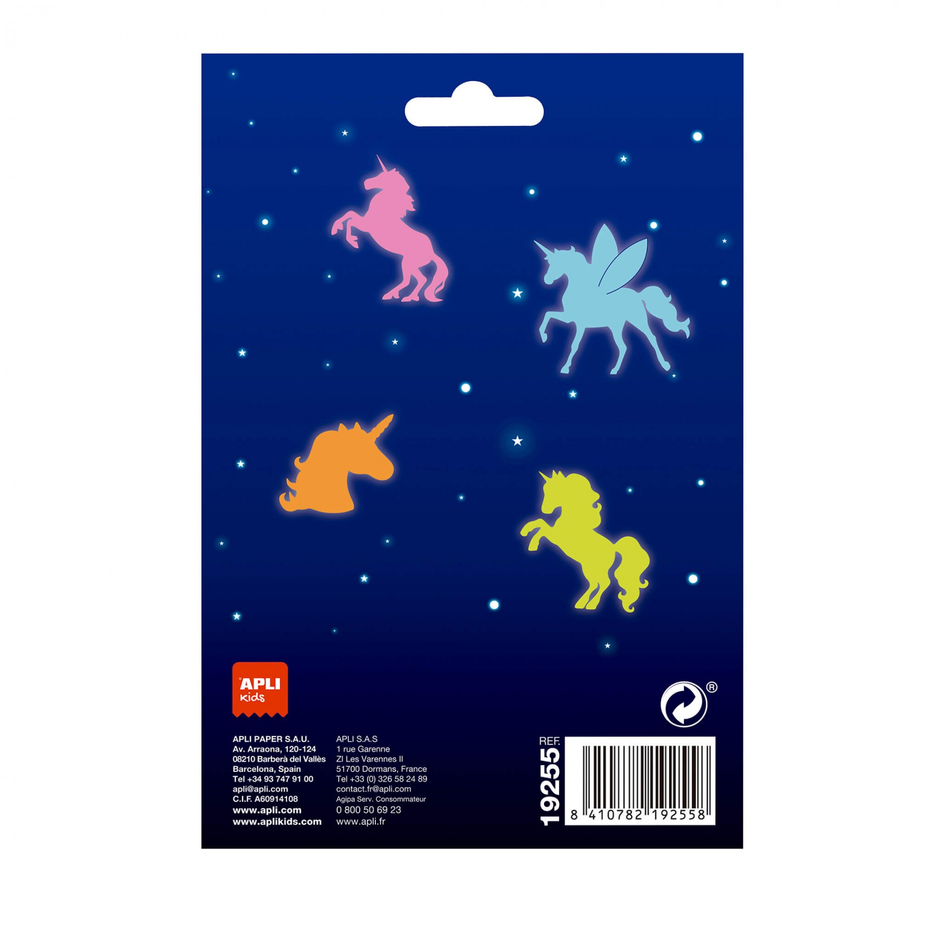 Embalagem azul com autocolantes de unicórnios coloridos e texto APLI KIDS