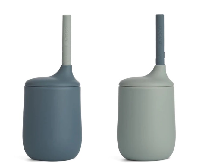 Duas escovas de sanita com bases azuis e cinzas