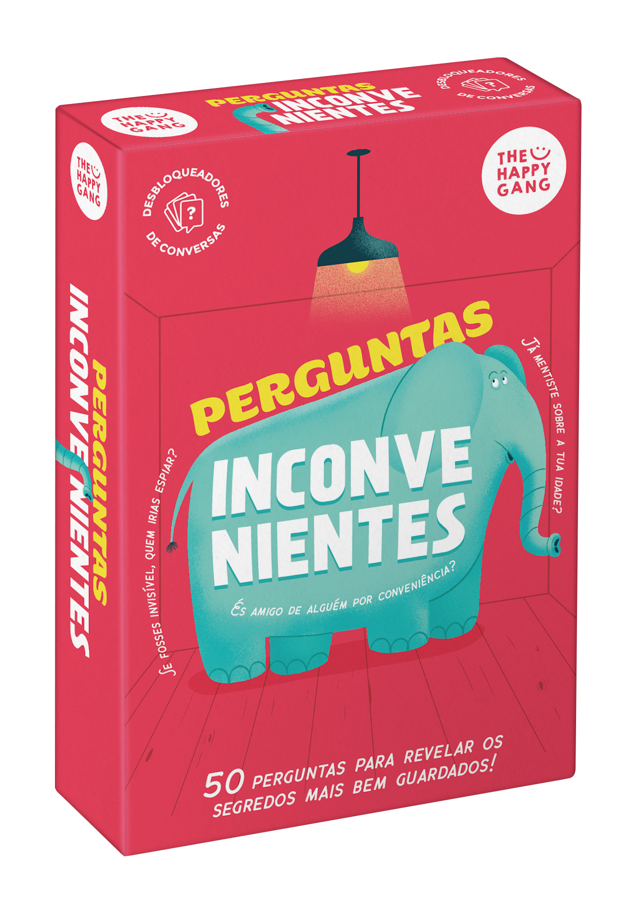 Caixa vermelha do jogo 'Perguntas Inconvenientes' com desenho de elefante azul