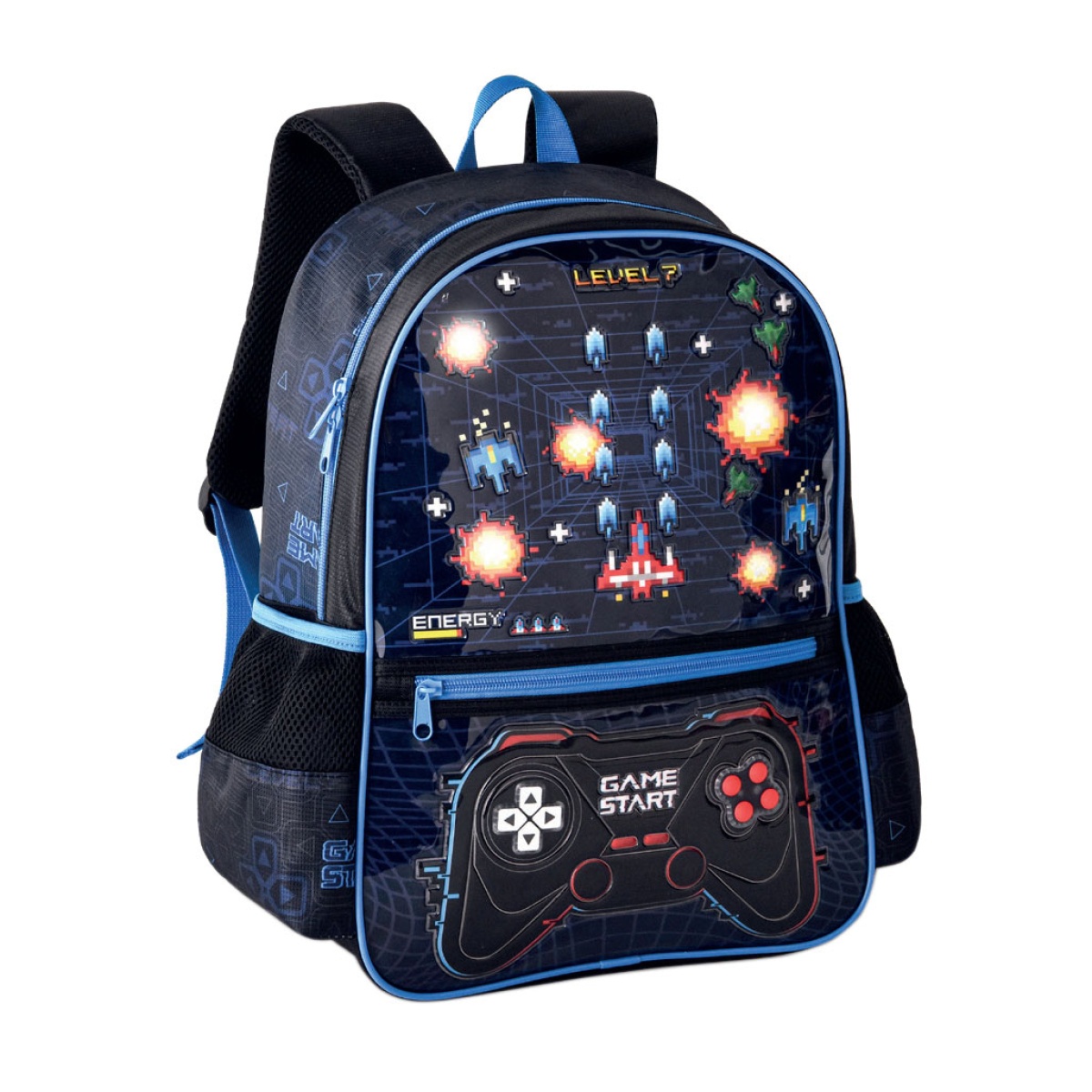 Mochila infantil azul e preta com tema videojogo retro e controle impresso