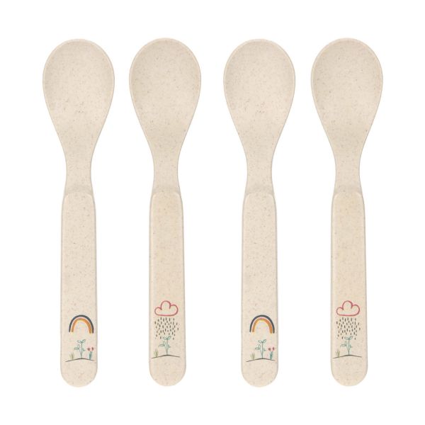 Conjunto de quatro colheres bege com ilustrações de arco-íris, nuvem e plantas no cabo