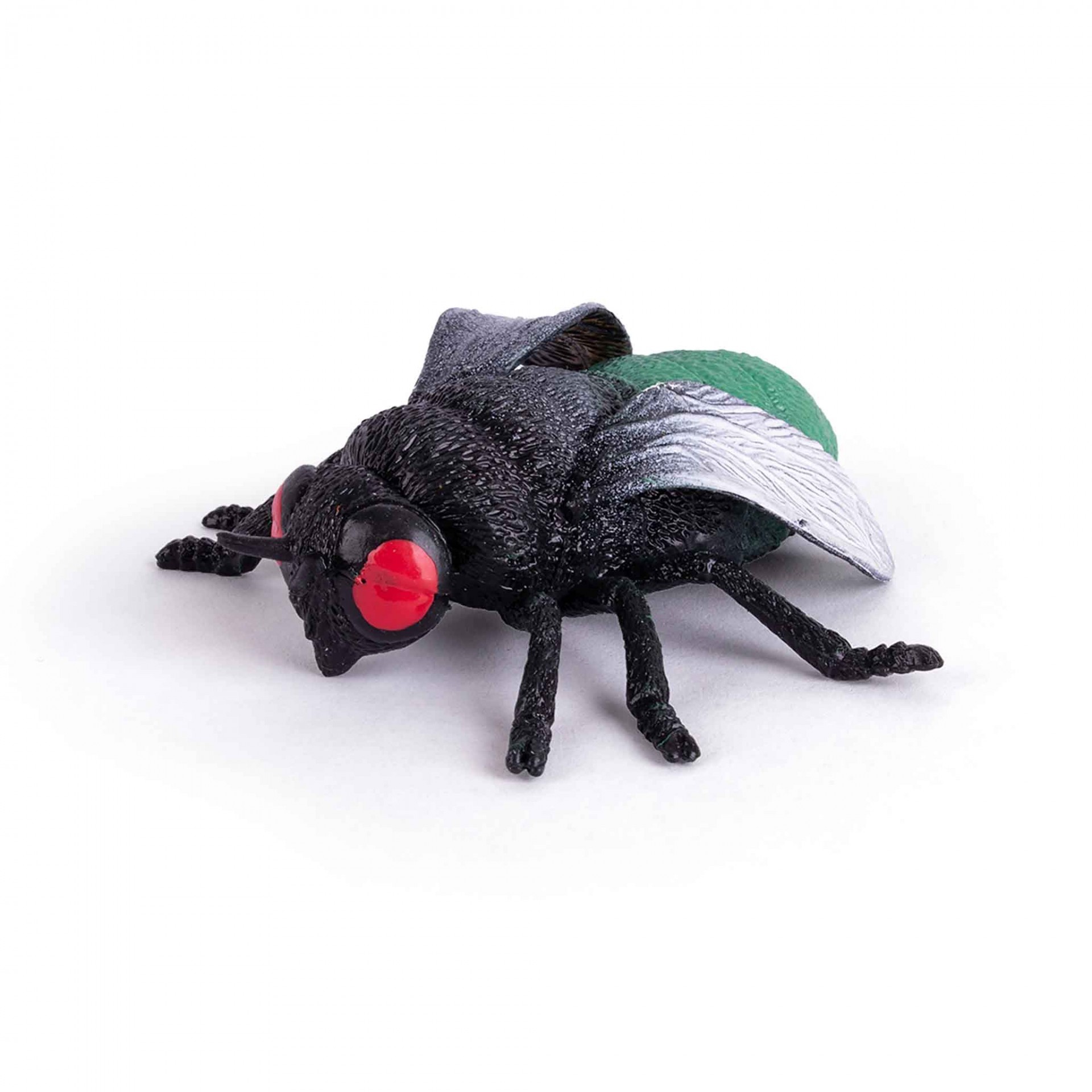 Figura plástica de mosca preta com olhos vermelhos e asas prateadas