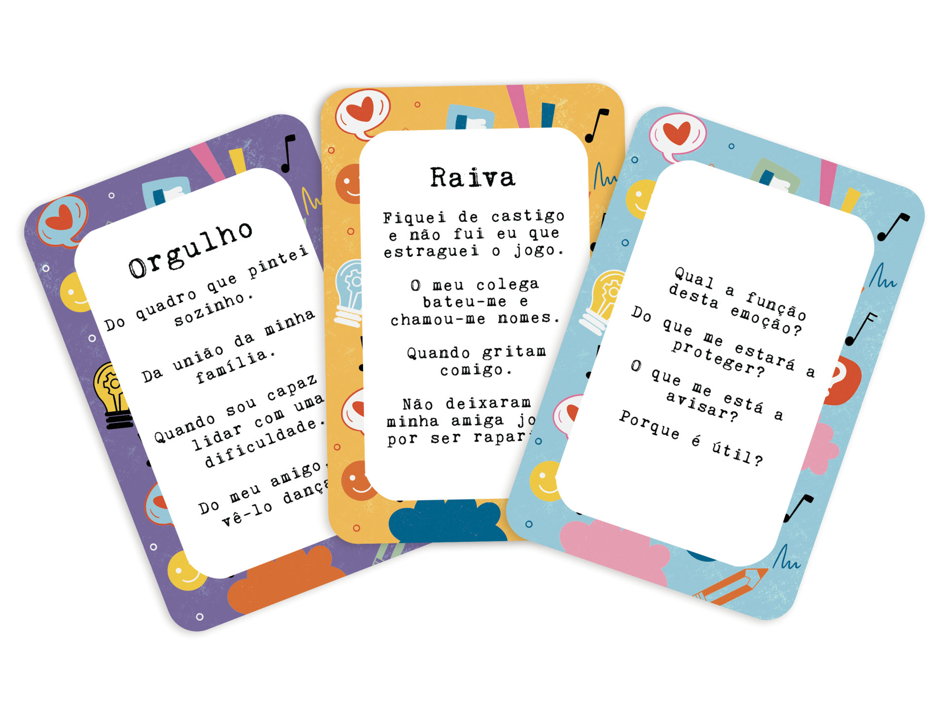Três cartas de jogo coloridas com textos em português sobre sentimentos e questões educacionais.