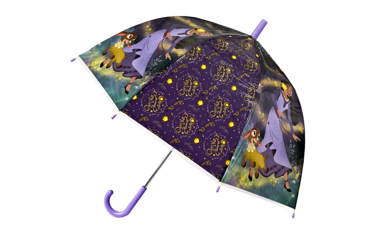 Guarda-chuva infantil roxo com tema de Halloween com desenhos de bruxa e gato preto