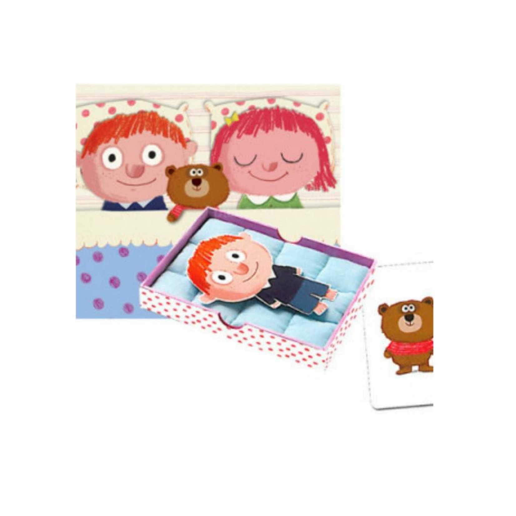 Jogo magnético infantil com personagem ruivo e urso em caixa colorida