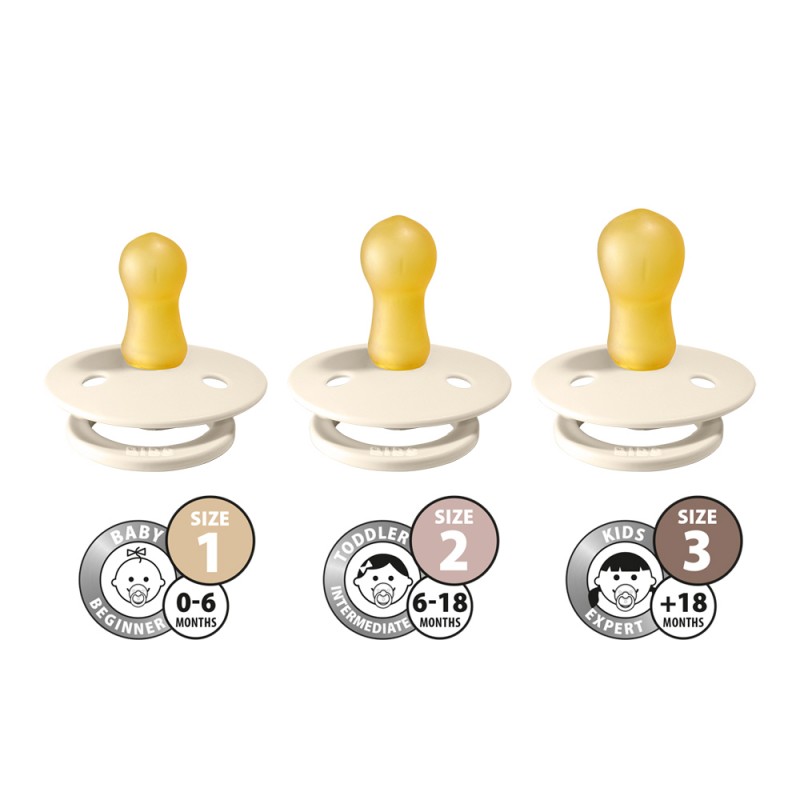 Três chuchas amarelas com escudos brancos, tamanhos 1, 2 e 3 para diferentes idades