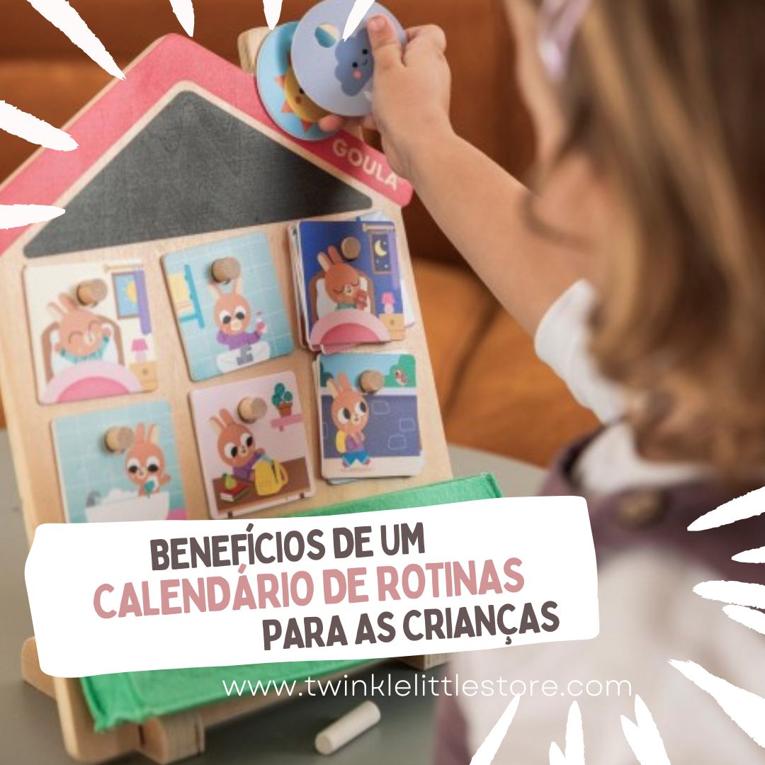 Calendário de rotinas para crianças de madeira colorido em forma de casa com peças ilustradas.