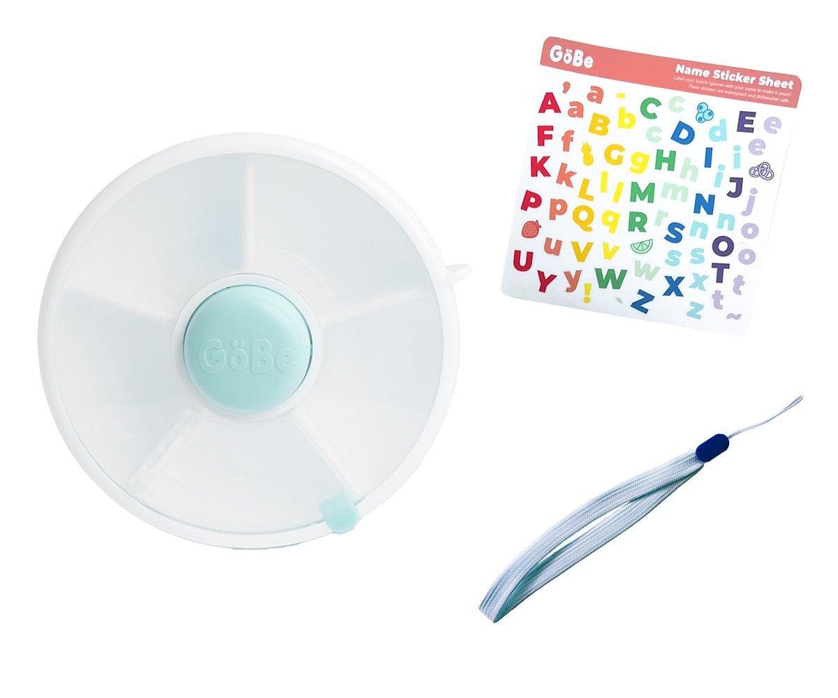 Porta-fios redondo de plástico com tampa azul, aplicador branco e folha de autocolantes com letras coloridas