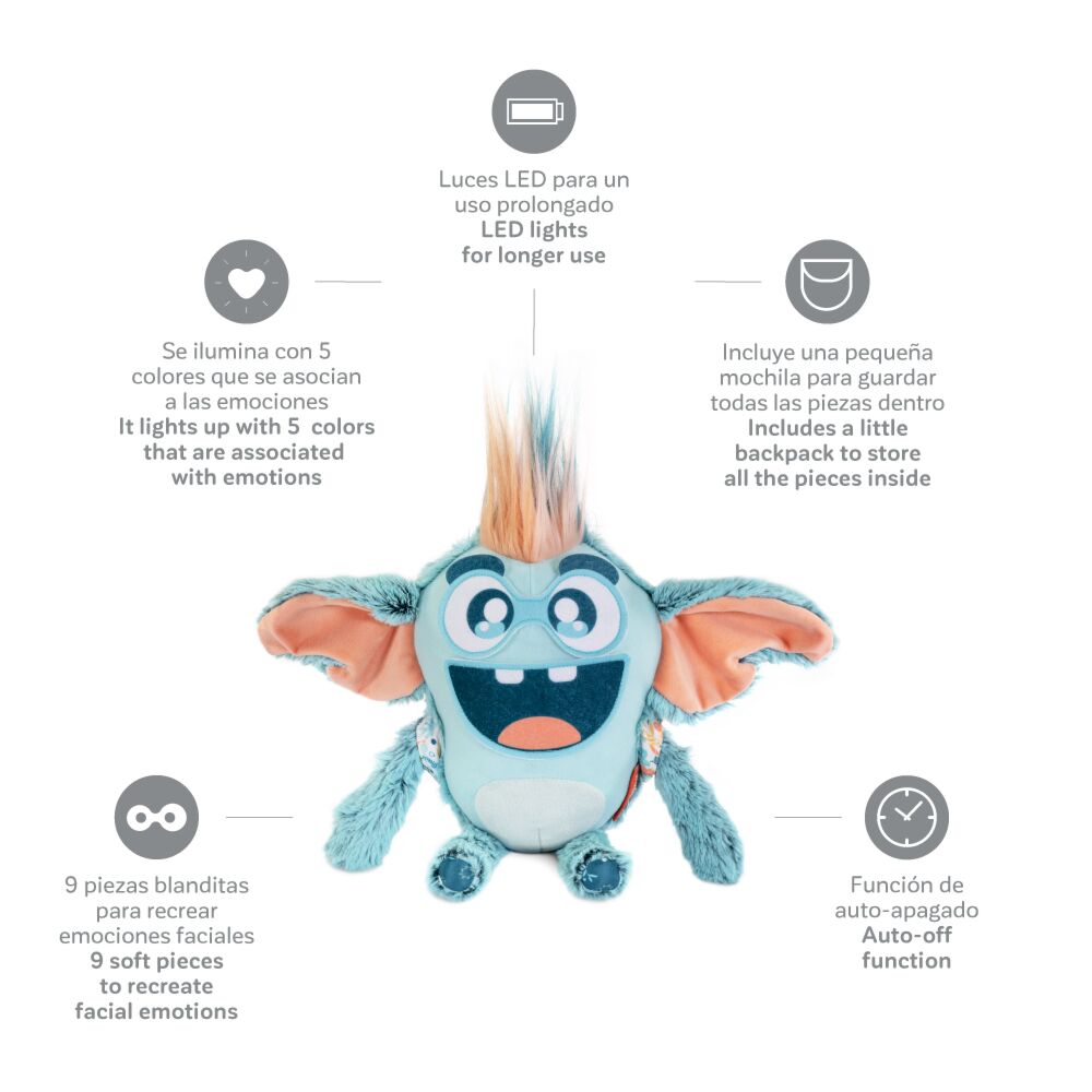Brinquedo macio azul e cinza com luzes LED e mochila pequena para peças