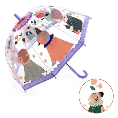 Guarda-chuva transparente com desenhos coloridos e alça lilás