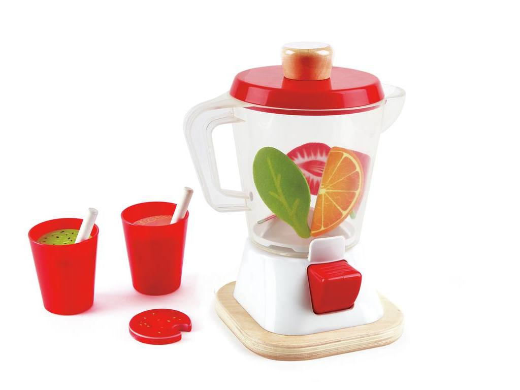 Liquidificador de brinquedo branco e vermelho com copos e decoração de frutas