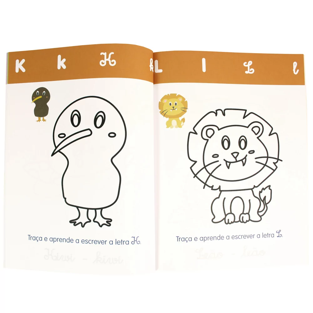 Livro educativo infantil aberto com desenhos a preto e branco de kiwi e leão para traçar e colorir