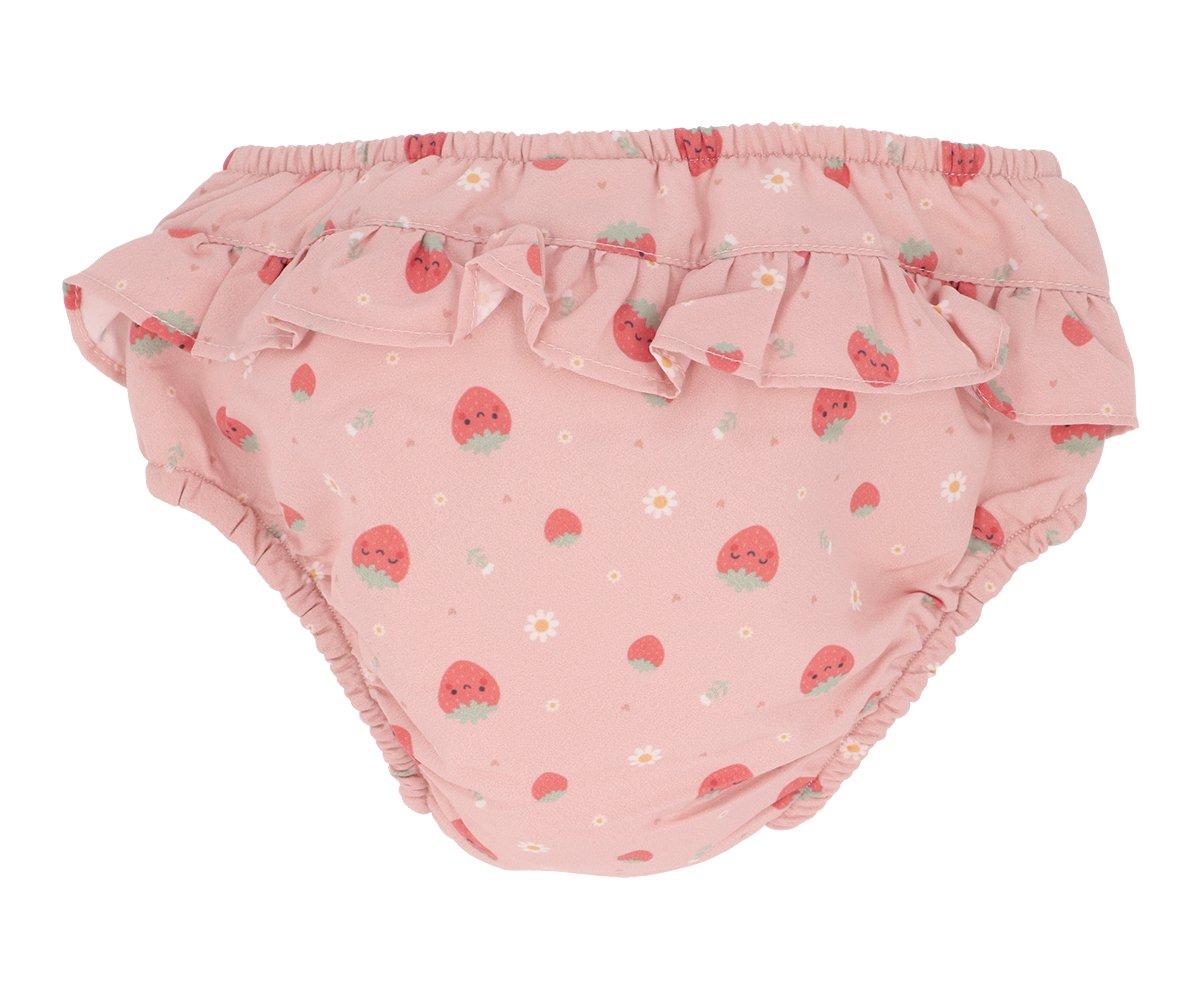 Cueca para bebé cor-de-rosa com estampa de morangos e flores e folhos no topo