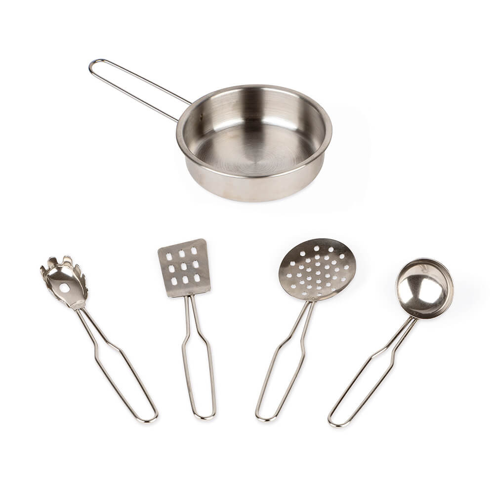 Conjunto de utensílios de cozinha em aço inoxidável com frigideira e quatro utensílios diversos