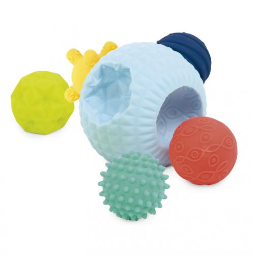 Conjunto de brinquedos para bebé com bolas coloridas e balde azul claro.