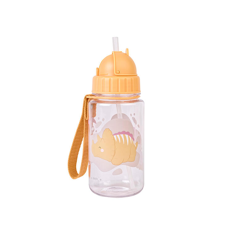 Garrafa plástica transparente com tampa amarela e desenho de ursinho