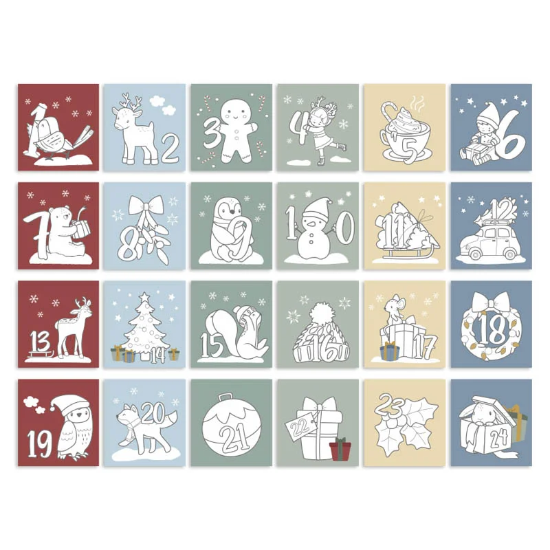 Calendário do advento com 24 caixas decoradas com números e ilustrações natalícias em várias cores.