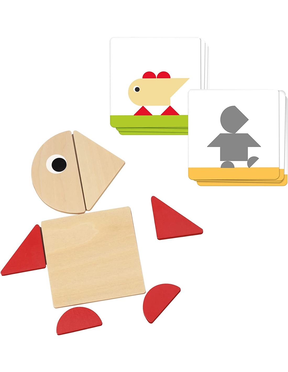 Peças de madeira para montar figuras geométricas com cartões ilustrativos